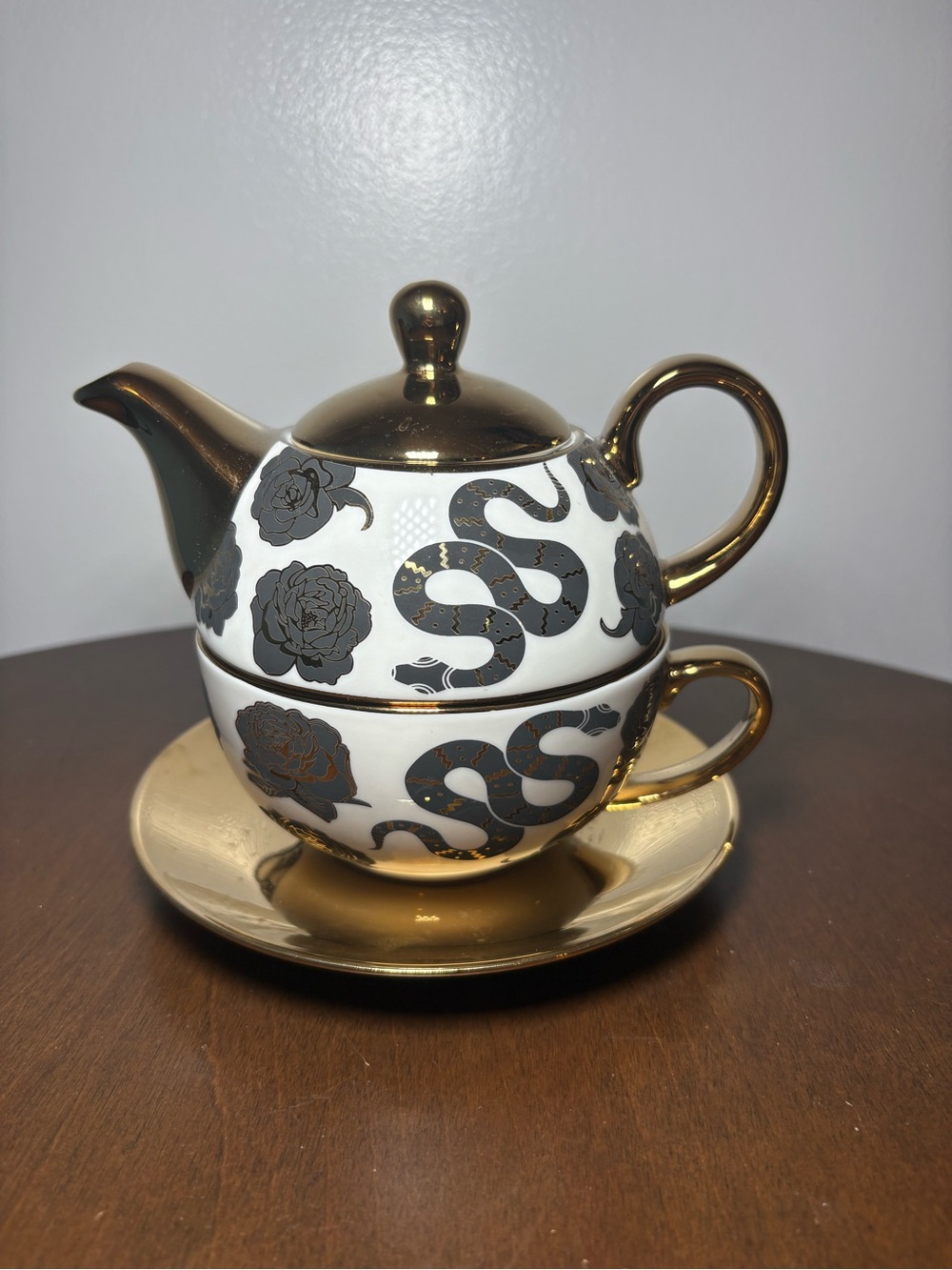White and Gold Ceramic Tea for One Set with Black Snake and Floral Motif